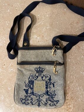 Vintage Juicy Couture Gray & Navy Embroidered Crossbody with Gold Hardware